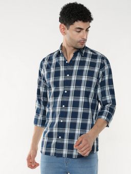 R&B - Navy Blue Cotton Regular Fit Spread Collar Plaid Men's Shirt
