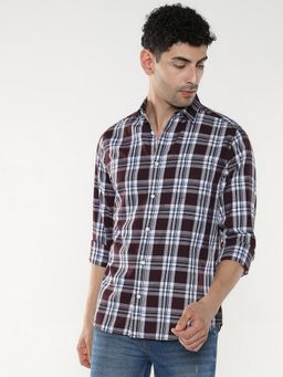 R&B - Brown Cotton Regular Fit Spread Collar Checks Men's Shirt