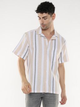R&B - Men's Beige Striped Half Sleeves Shirt