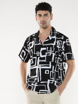R&B - Black Viscose Relaxed Fit Cuban Collar Abstract Men's Shirt