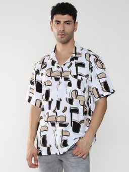 R&B - White Viscose Relaxed Fit Cuban Collar Abstract Men's Shirt