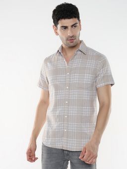 R&B - Beige Cotton Regular Fit Spread Collar Checked Men's Shirt
