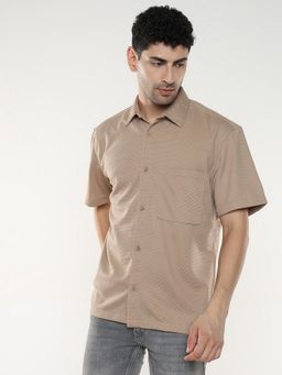 R&B - Beige Poly Cotton Loose Fit Point Collar Textured Men's Shirt
