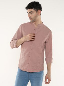 R&B - Mauve Poly Cotton Regular Fit Mandarin Collar Textured Long Sleeves Men's Shirt