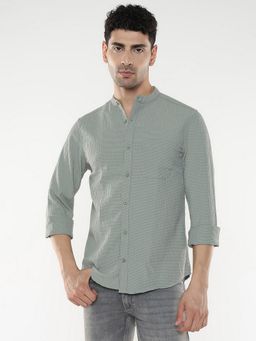 R&B - Green Poly Cotton Regular Fit Mandarin Collar Textured Men's Shirt
