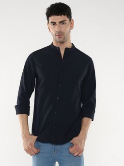 R&B - Navy Blue Poly Cotton Regular Fit Mandarin Collar Textured Men's Shirt