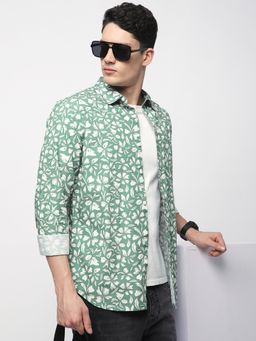 R&B - Green Cotton Regular Fit Point Collar Floral Full Sleeves Men's Shirt
