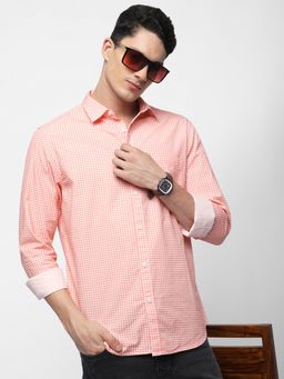 R&B - Orange Cotton Regular Fit Point Collar Checked Full Sleeve Men's Shirt
