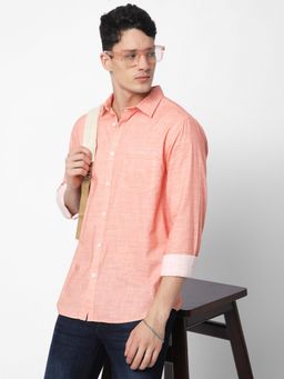 R&B - Pink Cotton Regular Fit Collar Textured Men's Shirt