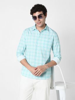 R&B - Blue Cotton Regular Fit Spread Collar Checked Men's Shirt