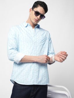 R&B - Blue Cotton Regular Fit Point Collar Floral Full Sleeves Men's Shirt
