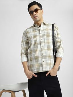 R&B - Men's Beige Checked Full Sleeves Shirt
