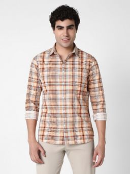 R&B - Brown Cotton Regular Fit Spread Collar Plaid Long Sleeves Men's Shirt