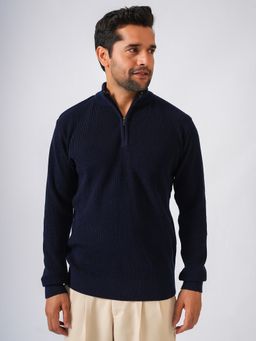 Perch - Navy Blue High Neck Solid Sweater