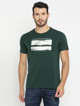 Spykar - Bottle Green Cotton Half Sleeve Printed Casual T-Shirt for Men