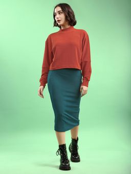 PURVAJA - Rust and Sea Green Puff Sleeves High Neck Solid Top & Skirt Set