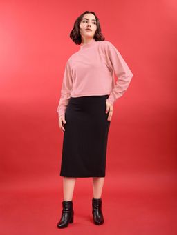 PURVAJA - Peach and Black Puff Sleeves High Neck Solid Top & Skirt Set
