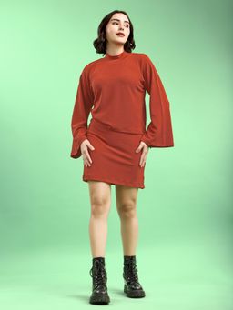 PURVAJA - Rust Brown Bell Sleeves High Neck Solid Co-Ord Set