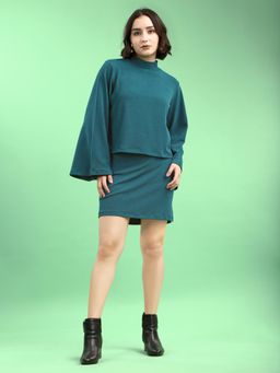 PURVAJA - Turquoise Blue Bell Sleeves High Neck Solid Co-Ord Set