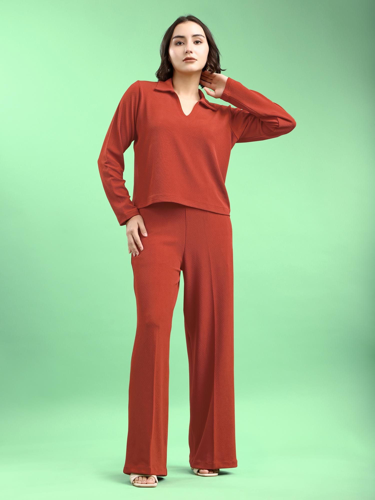 purvaja Rust Brown Full Sleeves Collar Neck Solid Co-Ord Set-picture-15