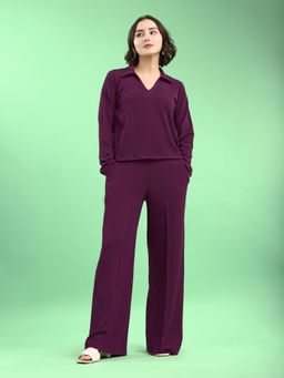 PURVAJA - Wine Full Sleeves Collar Neck Solid Co-Ord Set