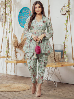 Label Swish - Mint Green Embellished Peplum Dhoti Pants (Set of 2)