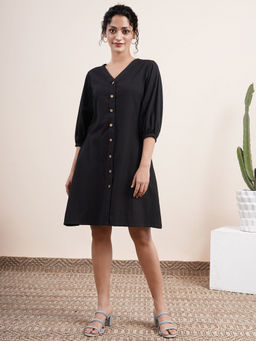 Abhishti - Black V-Neck Buttoned Down Dress