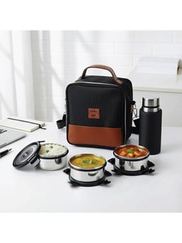 CELLO - MF President Combo Stainless Steel Lunch Box with Bag, Black Leatherette