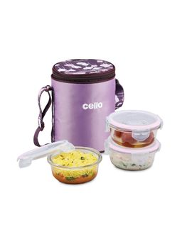 CELLO - Trendy Round Glass Lunch Box Setoff 3- 3 x 400 ml-Purple