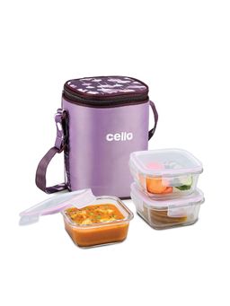 CELLO - Trendy Square Glass Lunch Box Setoff 3- 3 x 320 ml-Purple