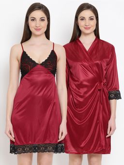 Clovia - Short Night Dress & Robe In Maroon Satin (Set of 2)
