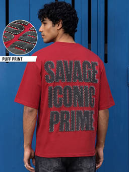 Bewakoof - Men Red Savage Typography Oversized Interlock Cotton T-Shirt