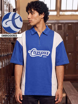 Bewakoof - Men Blue Embroidered Oversized Polo T-Shirt