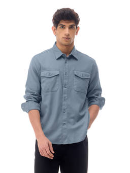 Flying Machine - Blue Solid Relaxed Fit Cotton Shirt
