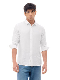 Flying Machine - White Textured Regular Fit Twill Shirt