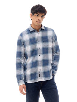 Flying Machine - Navy Blue Twill Checks Regular Fit Shirt