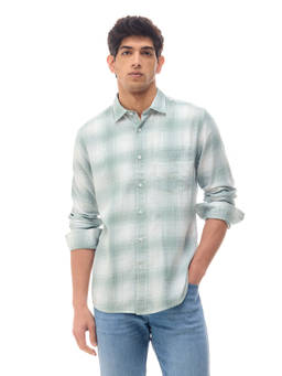 Flying Machine - Green Twill Checks Regular Fit Shirt