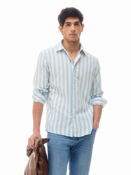 Flying Machine - Blue Vertical Striped Regular Fit Shirt