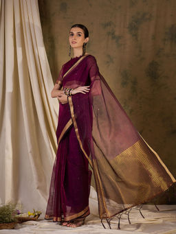Suha - Women's Fashion Ethnic Wine Colour Saree with Unstitched Blouse