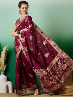 Suha - Women's Fashion Ethnic Wine Colour Saree with Unstitched Blouse