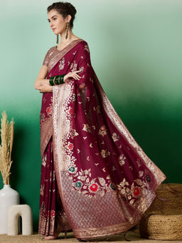 Suha - Women's Fashion Ethnic Burgundy Colour Saree with Unstitched Blouse