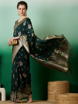 Suha - Women's Fashion Ethnic Green Colour Saree with Unstitched Blouse