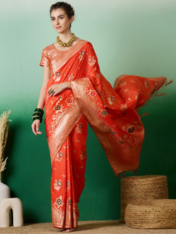 Suha - Women's Fashion Ethnic Orange Colour Saree with Unstitched Blouse