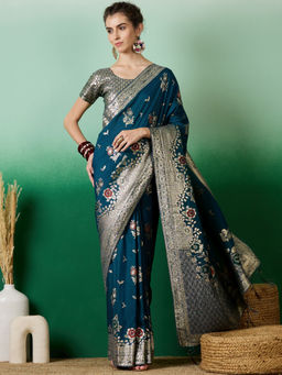 Suha - Women's Fashion Ethnic Teal Colour Saree with Unstitched Blouse