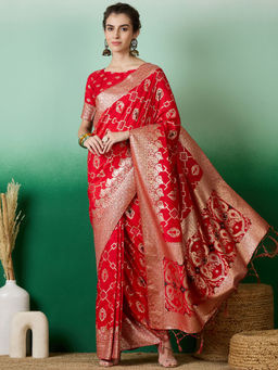 Suha - Women's Fashion Ethnic Red Colour Saree with Unstitched Blouse