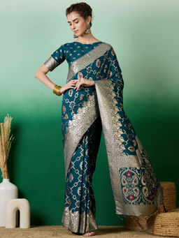 Suha - Women's Fashion Ethnic Teal Colour Saree with Unstitched Blouse