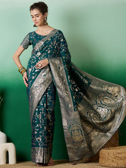 Suha - Women's Fashion Ethnic Teal Colour Saree with Unstitched Blouse