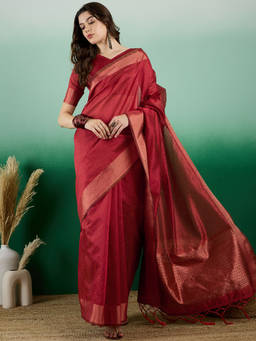 Suha - Women's Fashion Ethnic Red Colour Saree with Unstitched Blouse