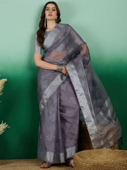Suha - Women's Fashion Ethnic Grey Colour Saree with Unstitched Blouse