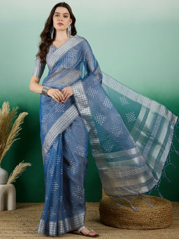 Suha - Women's Fashion Ethnic Blue Colour Saree with Unstitched Blouse